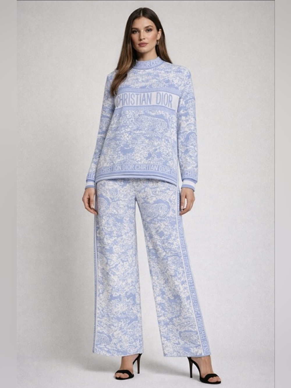 2pcs Elegant Stretchy Knit Blue Patterned Sweater And Pants Set